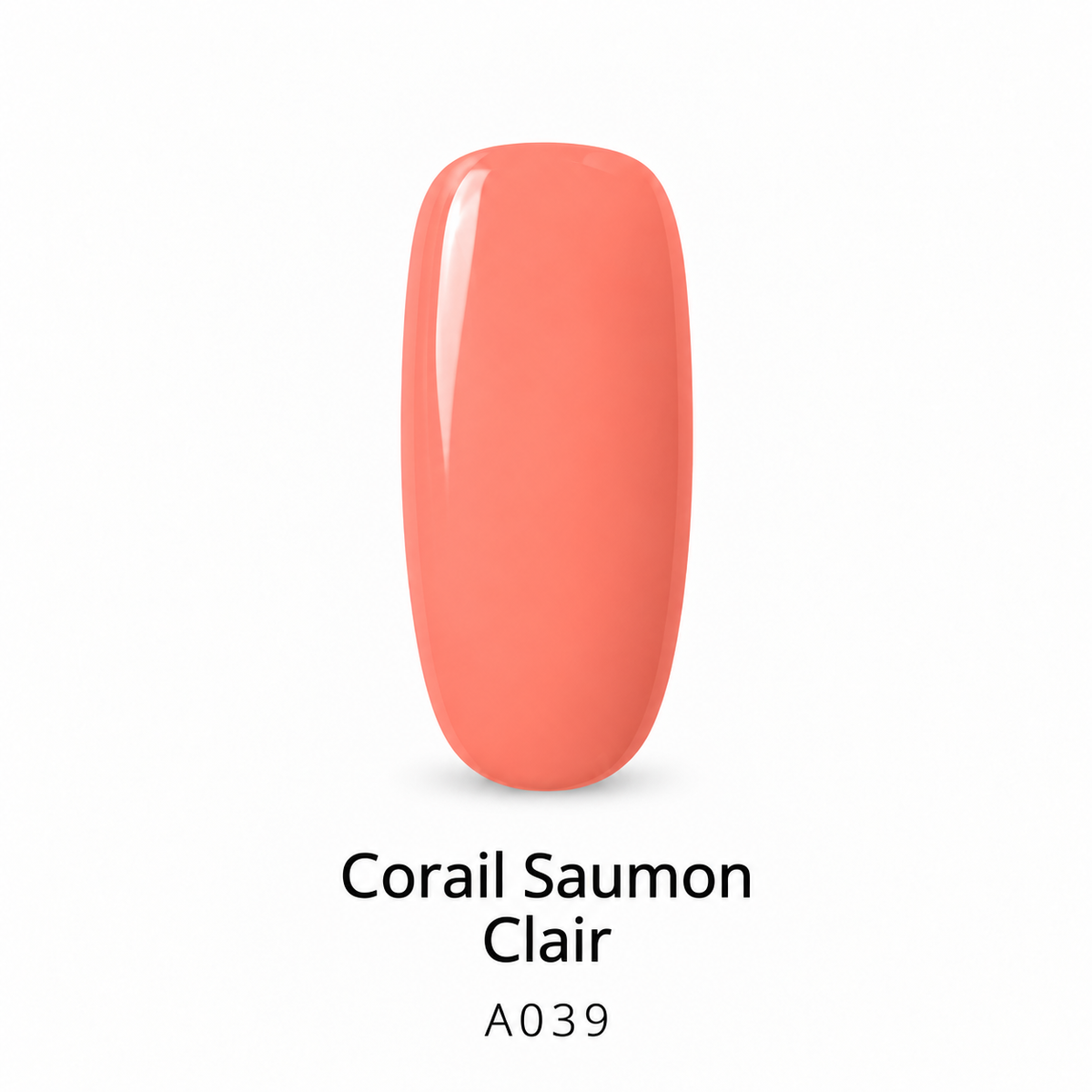 Capsule de vernis semi-permanent Corail Saumon Clair A039, sur fond blanc.