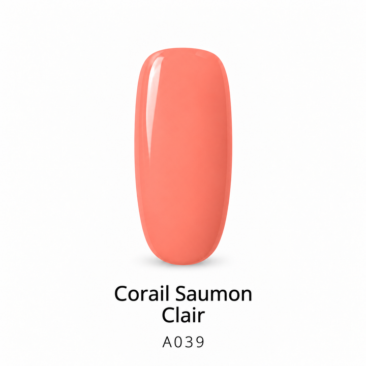 Capsule de vernis semi-permanent Corail Saumon Clair A039, sur fond blanc.