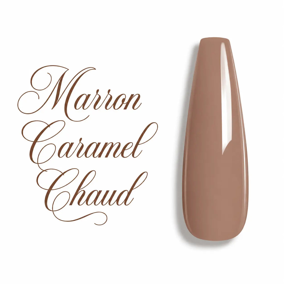 Nuancier A049 Marron Caramel Chaud : vernis semi-permanent brun nude brillant sur capsule ballerine, fond blanc.