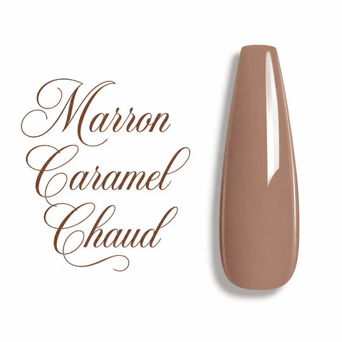 Nuancier A049 Marron Caramel Chaud : vernis semi-permanent brun nude brillant sur capsule ballerine, fond blanc.