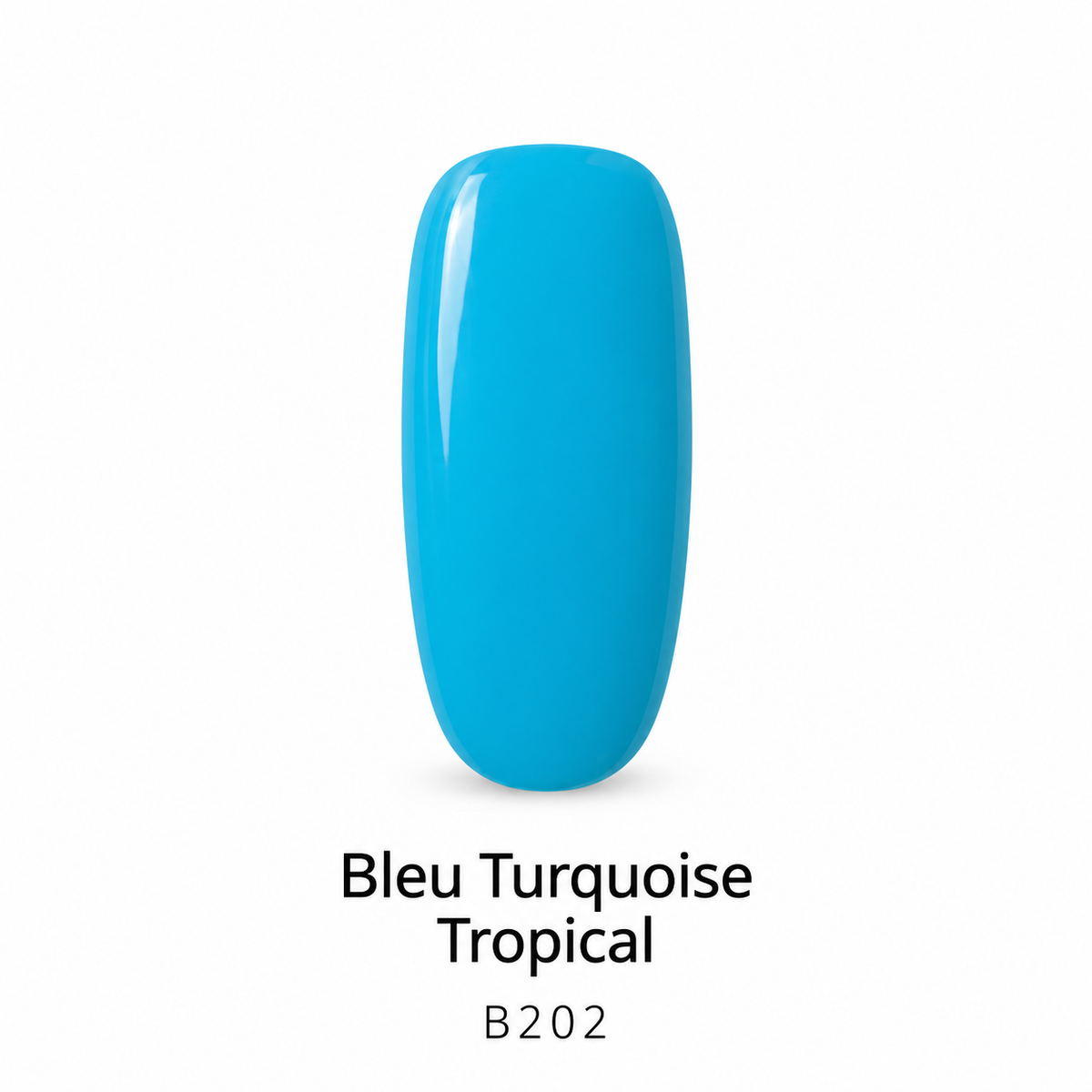 Capsule de vernis semi-permanent Bleu Turquoise Tropical B202, sur fond blanc.