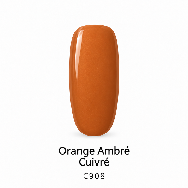 Capsule de vernis semi-permanent Orange Ambré Cuivré C908, sur fond blanc.