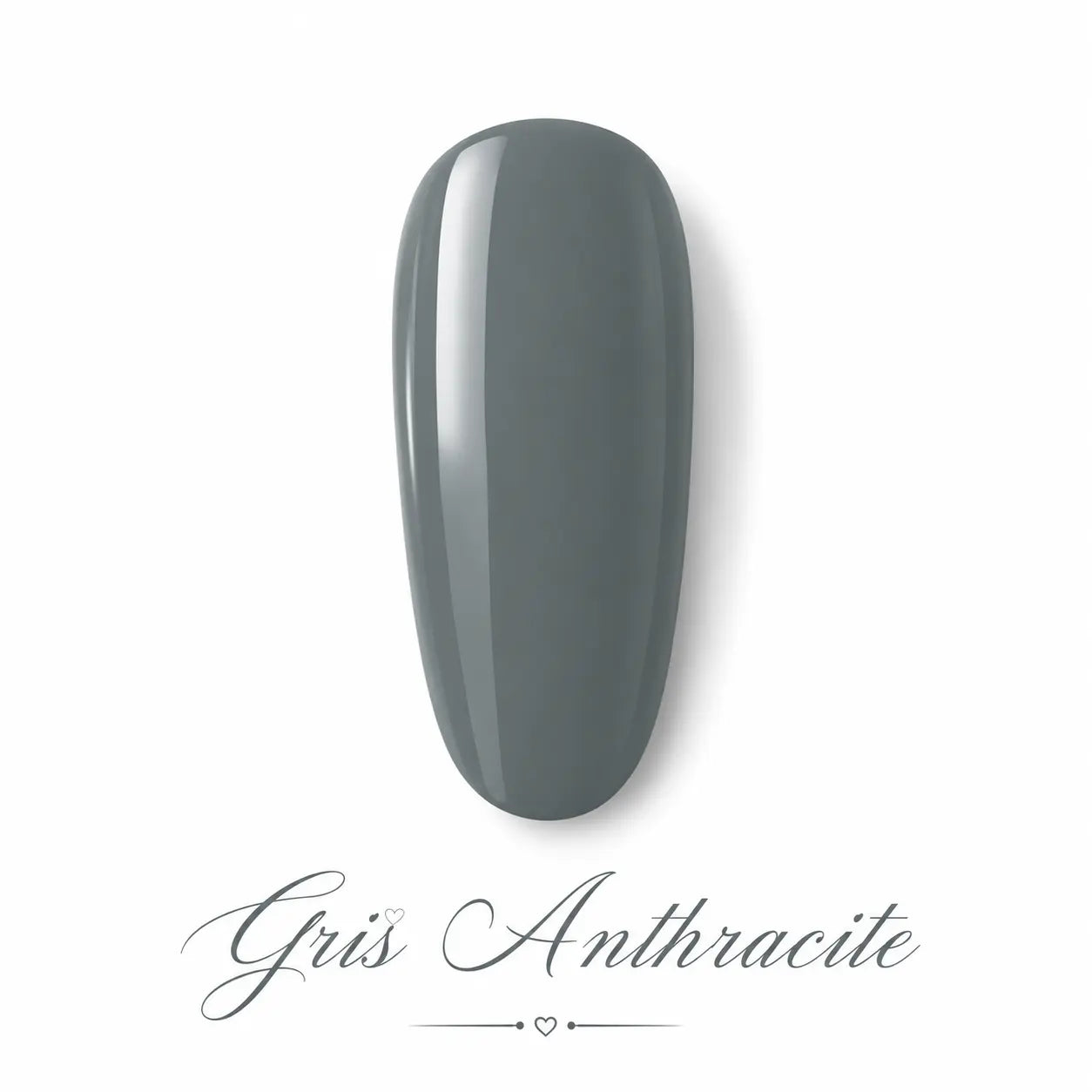 Capsule swatch vernis gel Gris Anthracite Beauty Distribution, teinte gris foncé élégante effet glossy, rendu packshot luxe sur fond blanc, couleur chic et moderne pour manucure professionnelle, nail art sophistiqué et pose UV/LED.
