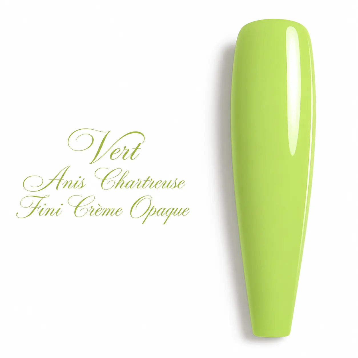 Capsule ongulaire ballerine vert anis chartreuse, fini crème opaque ultra brillant, nuancier professionnel de vernis semi-permanent gel UV LED.