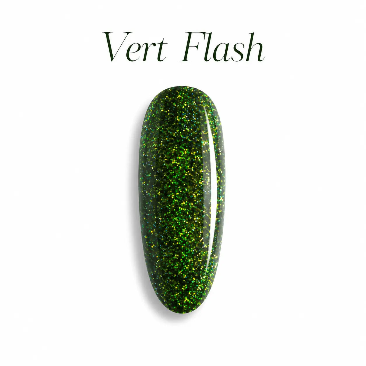 Capsule d’ongle Vert Flash Beauty Distribution, vernis gel vert scintillant effet néon reflect, paillettes lumineuses, rendu packshot luxe sur fond blanc pour manucure professionnelle et nail art.