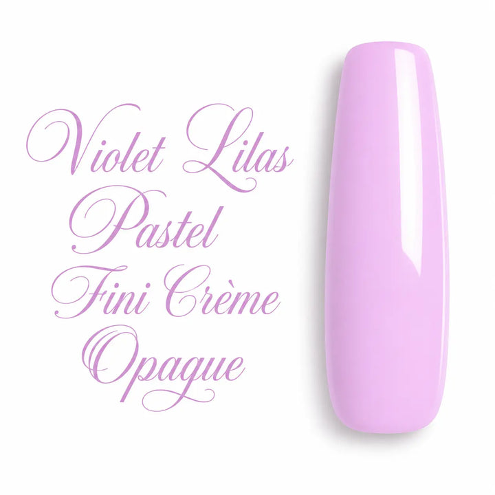 Capsule d’ongle ballerine longue en violet lilas pastel, finition crème opaque ultra brillante, visuel professionnel pour gel UV et vernis semi-permanent.