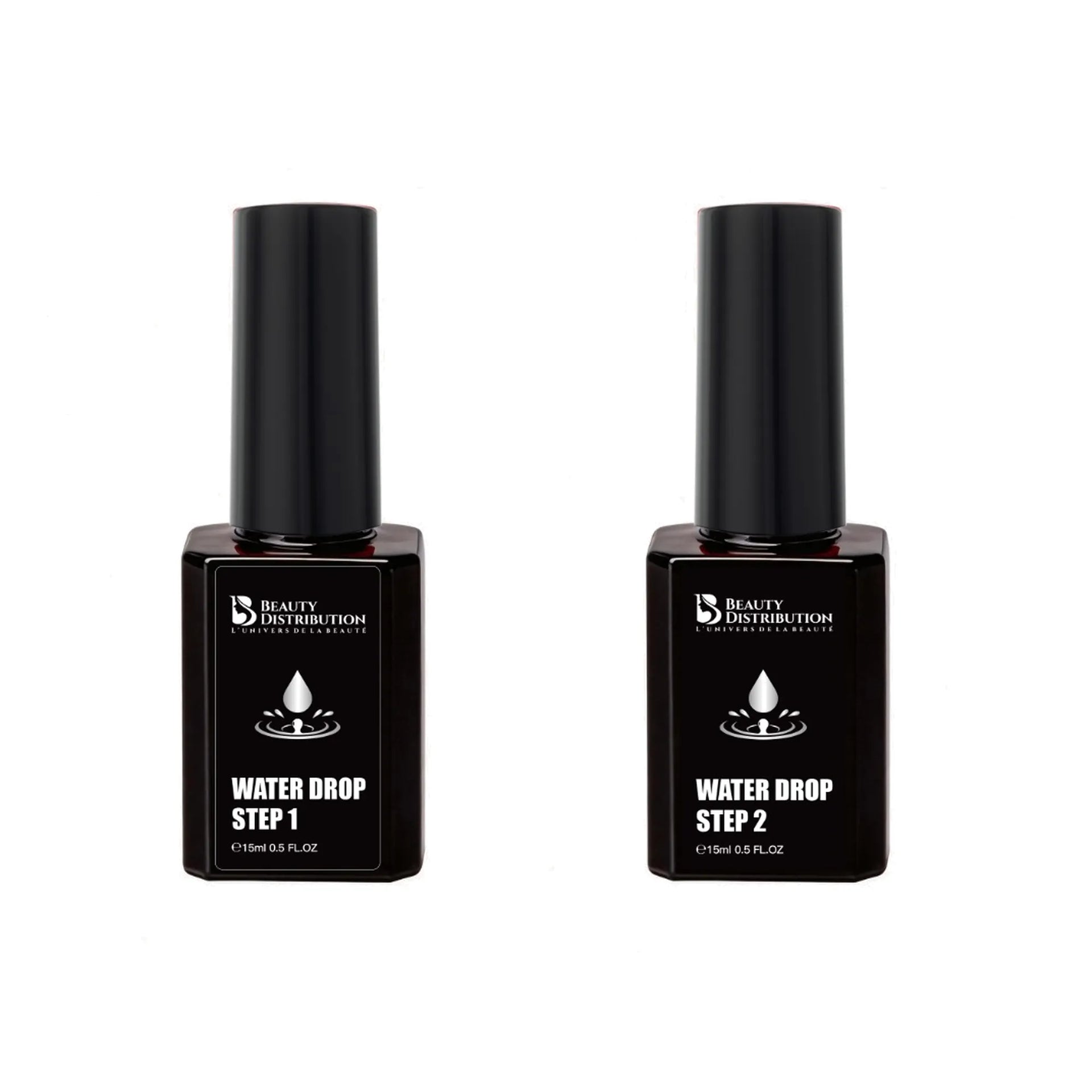 Kit Water Drop Beauty Distribution comprenant le Step 1 et le Step 2 en flacons de 15 ml pour gel nail art effet gouttes d'eau 3D professionnel.