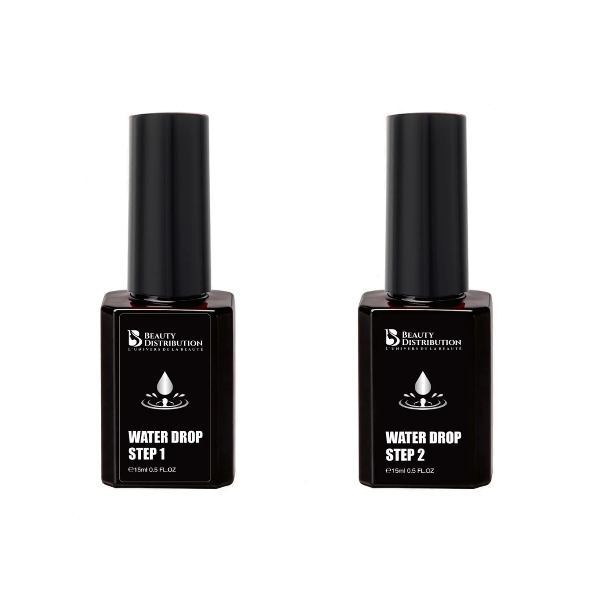 Kit Water Drop Beauty Distribution comprenant le Step 1 et le Step 2 en flacons de 15 ml pour gel nail art effet gouttes d'eau 3D professionnel.