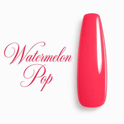Capsule d’ongle ballerine Watermelon Pop rose pastèque corail, vernis gel UV semi-permanent ultra brillant sur fond blanc, Beauty Distribution.